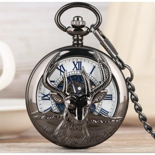 Retro Black Goat Hollow Out Mechanical Pocket Watch Fashion Blue Roman Numeral Face Dial Premium Alloy Jewelry Wrist Chain Watch