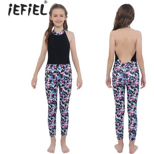 Kids Girls Sleeveless Halter Sports Jumpsuit Dance Gymnastics Leotards Girls High Waist Dancewear Stage Performance Show Suit