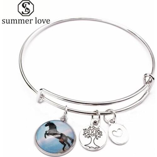 Women Adjustable Horse Tree Lovely Heart Charm Bangle Antique Silver Color Expandable Bangle Bracelet bijoux femme