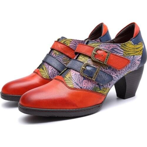 Elegance Vintage Printing Women Hollow Chunky Heel Genuine Leather Pumps Buckle Strap 4CM Thick High heels Women Shoes Round Toe