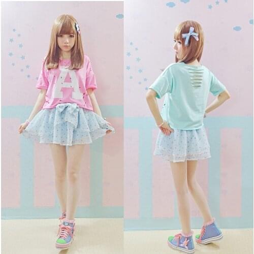 Summer Kawaii Girls Letter A Printing Short Sleeves T-shirt Harajuku Lolita Shirt Tops Back Hollow Out Mint & Rosy Pink