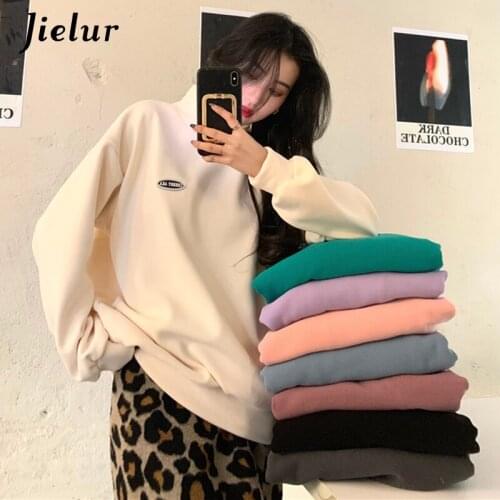 Jielur Hoodie Women Winter Thicken Turtleneck Korean Loose Pullover Hoodies Female College Chic 8 Colors Pink Apricot Sweatshirt