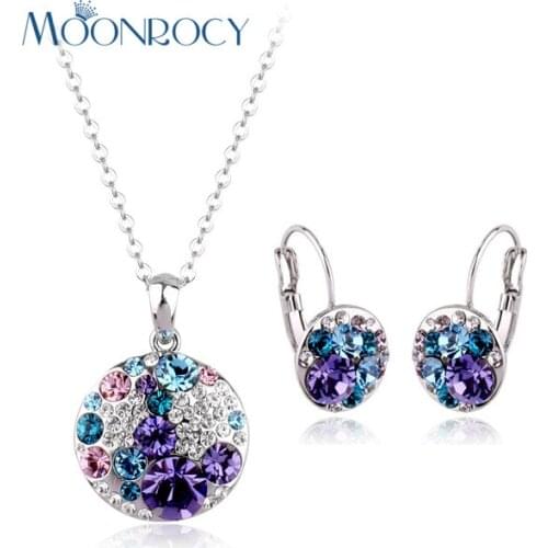 MOONROCY Free Shipping fashion crystal Silver Color necklace and earrings Jewelry set Zirconia Purple Jewelr for women Gift