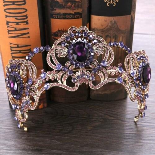 Retro Baroque Style Purple Crystal Crown Diadem Headband Tiara Queen Princess Bridal Bride Wedding Headpiece Hair Accessories