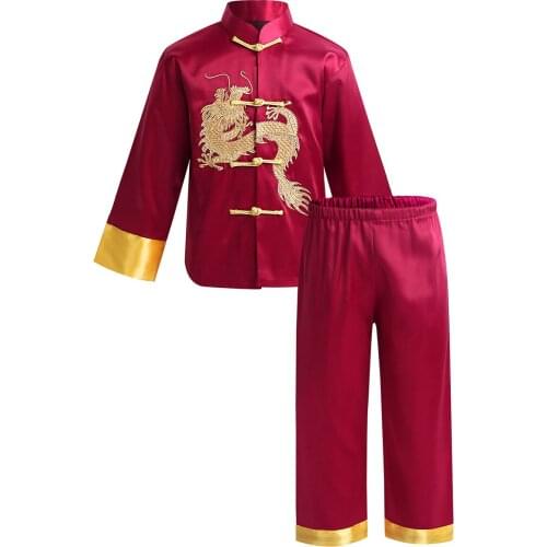 Kids Boys Traditional Chinese Embroidery Dragon Kung Fu Outfit Tang Suit Satin Long Sleeve Tops with Pants for Stage Performance