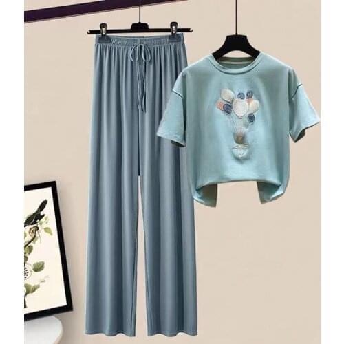 Summer Womens Two-piece Suit O Neck Print Short Sleeve Tops and Elastic High Waist Loose Wide Leg Pants Suits Women Sets Y978