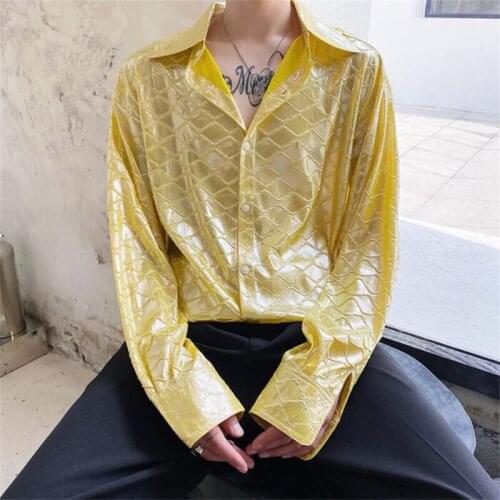 Mercerized shirt mens British court dress loose long-sleeved fashion camisa hombre golden shiny face clothing singer costume