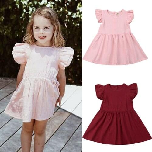 2-7Years Lovely Toddler Kids Baby Girls Clothes Ruffle Sleeve Dress Solid Knee Length Tutu Dress Party Playwear Sundress