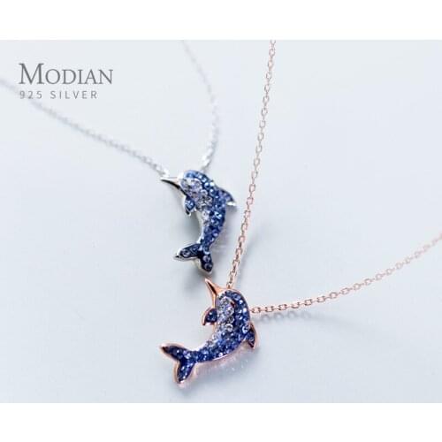 Modian New Trendy Blue Crystal Dolphin Sparkling Necklaces Pendant For Women Real 925 Sterling Silver Animal Charm Jewelry Gift