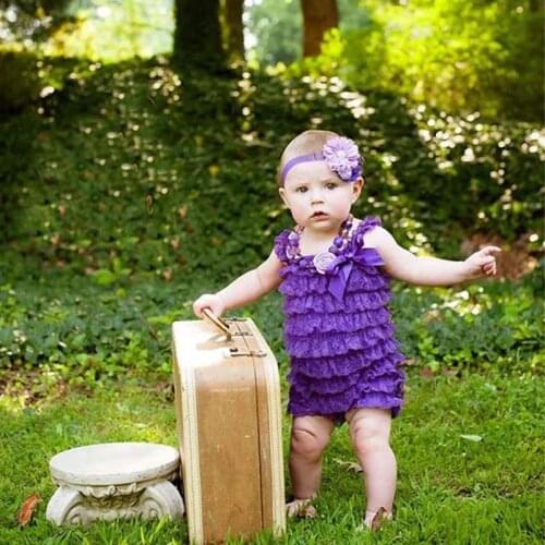 Hot Baby Purple Lace Romper Infant Girls Petti Ruffled Vintage Romper One-Piece with Strap Flower Headband Set Newborn Jumpsuit