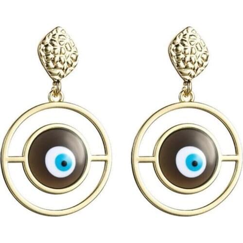 Trendy evil eye protection charm round hoop loop hammered stud top gold pendant dangle earrings for women special jewelry gift
