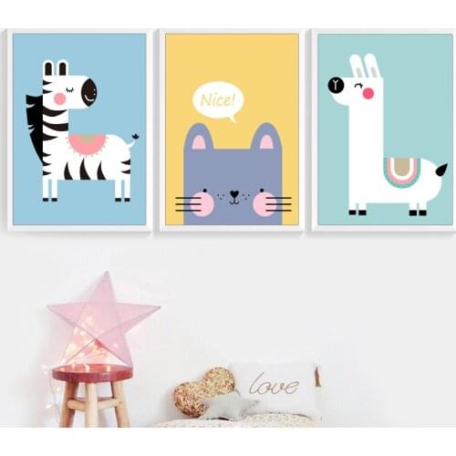 Cartoon Cat Zebra Llama Wall Art Canvas Painting Nordic Posters And Prints Animal Nursery Wall Pictures For Kids Room Home Decor