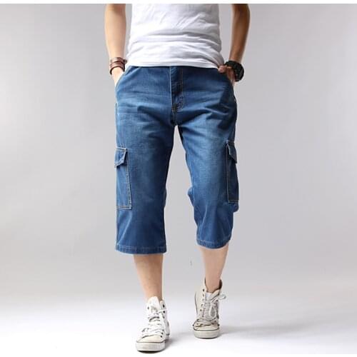 2021 New Denim Jeans Men Shorts Multi-Pockets Cargo Casual Solid Loose Shorts 2018 Summer Knee Length Shorts Men