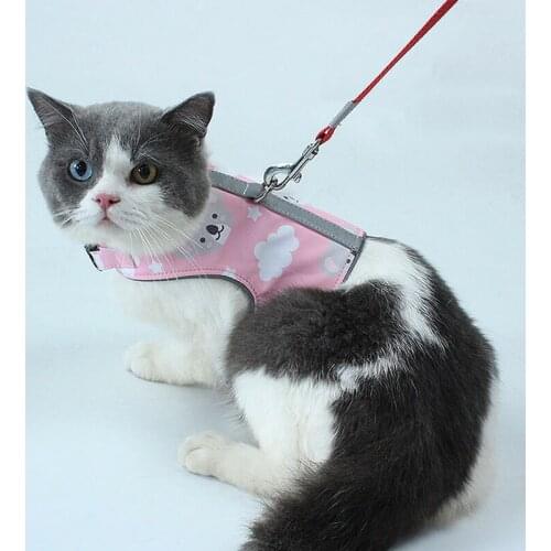 Pet Harness + Leash Set Reflective Training Walking Leads Small Cats Dogs Cartoons Print Harness Collar Adjust Leashes Set D5083