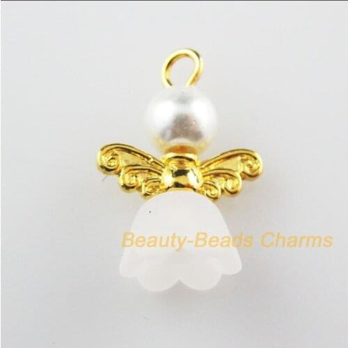 New 25Pcs Gold Color Wings White Dancing Angel Charms Pendants 14x19mm
