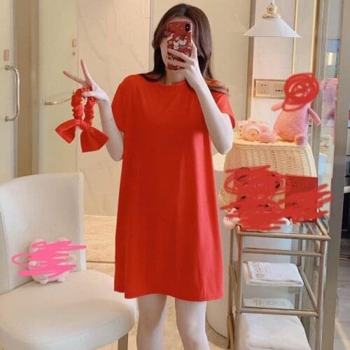 Candy Solid Color Nightdress Women Girls Dresses Loose Casual Round Neck Home Wear Comfy Fashion Sleepwear Free Hair Band