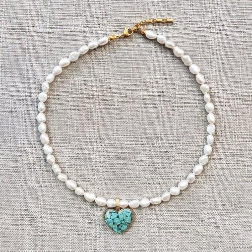 Women exquisite irregular freshwater pearls necklace fashion blue stone heart pendant accessories Valentines day gift for girls