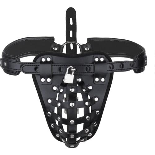 New PU leather Male Chastity Belt Device Pants Sexy Underwear Lock Adult Erotic Penis Cage Penis Rings Penis Bondage Cock Rings