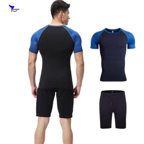 Short Sleeve Shirts+Shorts 2PCS Quick Dry Mens Sport Suits GYM Fitness Jogging Sportwear Printed Patchwork Running Set Clothing