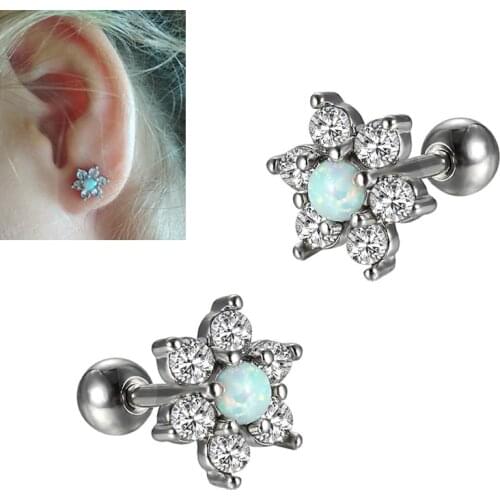 2pcs Flower Opal Stud Earings Tragus Helix Cartilage Daith Piercing Crystal Cubic Zirconia Ear Stud for Woman Body Jewelry Gift