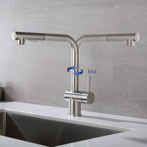 Faucet Brushed Steel Flexible Hot Cold Water Tap Mixer Gourmet Removable Handles Modern Extender pull down kitchen faucet