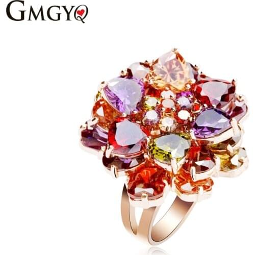GMGYQ Mona Lisa Activiteit Bloemblaadje AAA Zirconia Crystal Stone Wedding Ring voor Vrouwen Multicolor Rose Goud-kleur Sierade