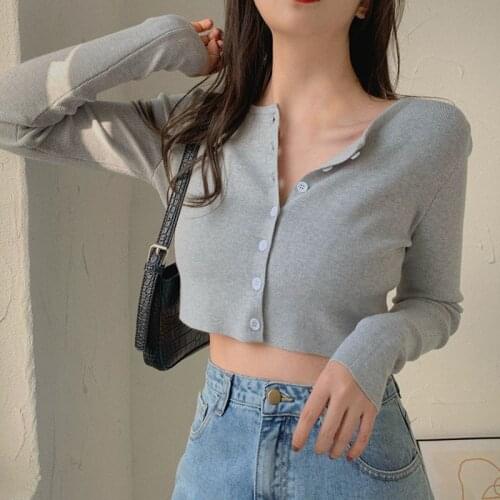 Thin Womens Knitted Cardigan Sexy Solid Color T-shirt Crop Trendy Casual Long Sleeve Women T shirt