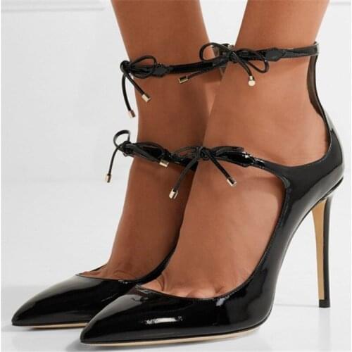 Designer Strappy Stiletto High Heels Woman Pumps Sexy Pointy Toe Pumps Fashion Black Patent Leather Ladies Shoes Woman