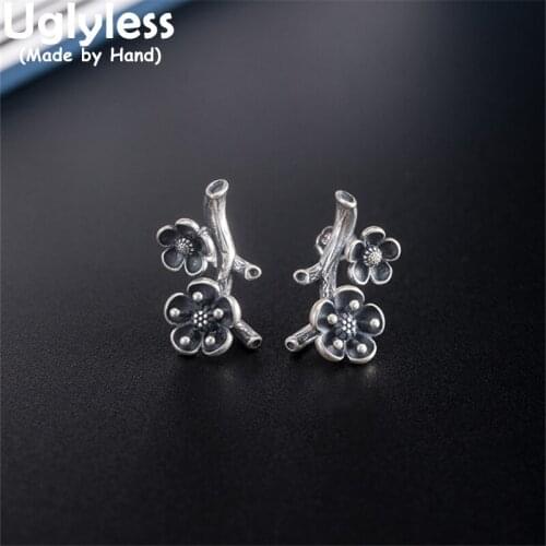 Uglyless Little Flowers Thai Silver Studs Earrings for Women Real 925 Silver Floral Branches Earrings Ethnic Vintage Jewelry