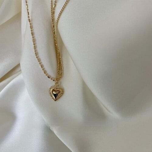 VSnow Fashion Double Layer Love Heart Metal Round Beads Pendant Necklace for Women Gold Thin Chain Party Necklace Jewelry Hot