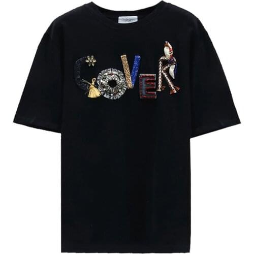 New Product Summer Fashion Women T Shirt Harajuku Beading Tassel Black Bow Tees Cotton Short Sleeve Loose O-neck Tops Female