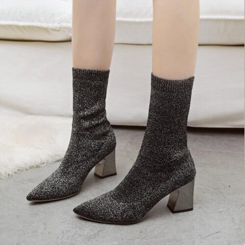 Womens Mid-Calf Sock Boots Autumn Women Pointed Toe High Heel 2020 Woman Metal Pumps Ladies Fashion Elastic Stretch Female Shoe
