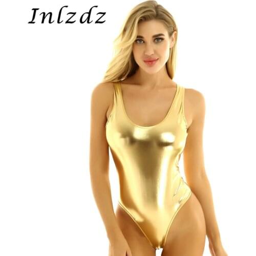 Womens Gymnastics Pole Dance Bodysuit Sleeveless High Cut Patent Leather Dancewear Thong Leotard Gymnastics Dancewear Bodysuit