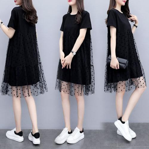 Tshirt Dress 2020 Summer Womens Casual Black Short Sleeve Splicing Mesh Sexy Vintage Polka Dot A-Line Dresses Plus Size 5XL Y129