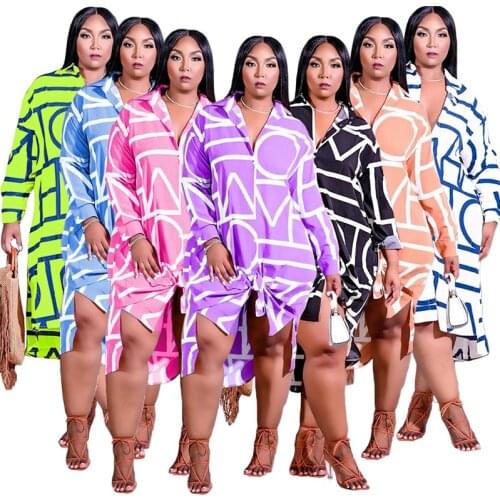 Women Printed Shirt Mini Dress Autumn Long Sleeve Turn Down Collar Single Breasted Straight Splited Irregular Midi Dress Vestido