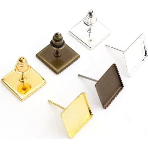 12mm 20pcs/lot Bronze Silver Plated Square Earring Studs,Earrings Blank/Base,Fit 12mm Glass Cabochons,Buttons;Earring Bezels