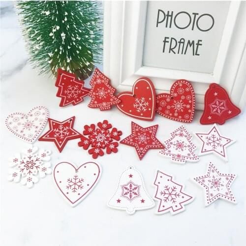 10PCS/Lot DIY White&Red Christmas Printed Wooden Pendants Ornaments For Kids Christmas Gifts Xmas Tree Ornaments Decorations