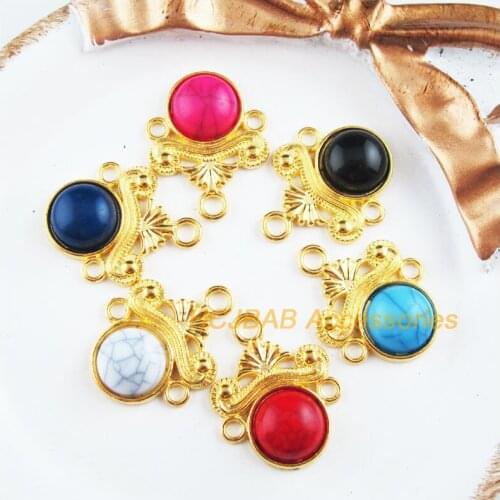 12Pcs Gold Plated Retro Flower Mixed Acrylic Round Charms Connectors 18x23mm