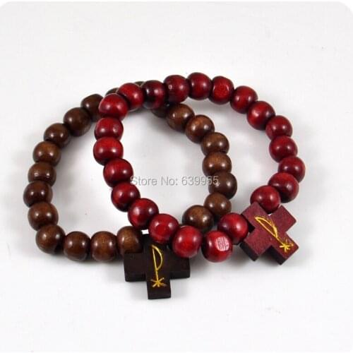 2x Labarum The Chiro Cross Wood Rosary Beads Charm Bracelets Catholic Christian Orthodox Fashion Religious Jewelry Gift