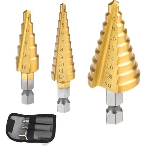 3Pcs/set HSS Straight Groove Step Drill Bit Titanium Coated Wood Metal Hole Cutter Core Carpentry Wood Drilling Tools Set