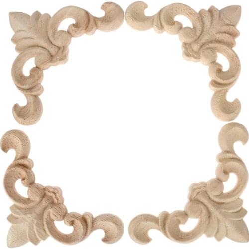 4Pcs 8*8cm Flower Woodcarving Decal Corner Applique Frame Door Wall Doors Furniture Decorative Figurines Wooden Miniatures