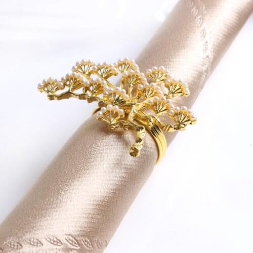 6pcs/lot Pearl pine tree napkin buckle zinc alloy napkin ring western table decoration gold pearl napkin ring