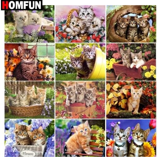 HOMFUN DIY 5D Diamond Painting "Animal cat flower" Full Diamond Embroidery Sale Picture Of Rhinestones For Festival Gifts