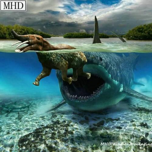 MHD Full round drill 5d diy diamond painting shark eat elephant home decoration cross stitch kit diamond embroidery rhinestone