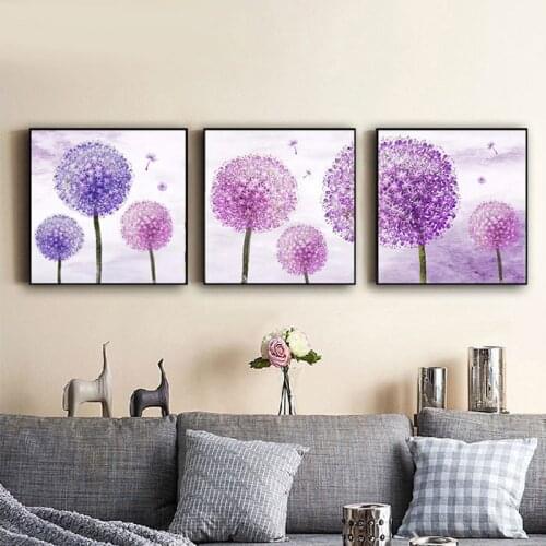 Dandelion purple flowers triptych Round diamond painting cross stitch Crafts Needlework Kits 5D Diamond embroidery Diy decor NEW
