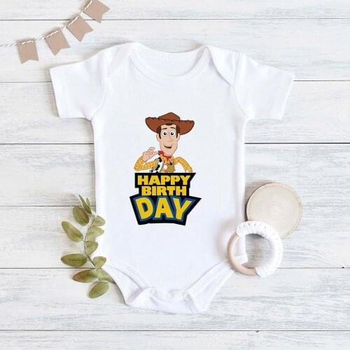 Anime Graphic Newborn Bodysuits Harajuku Toy Story HAPPY BIRTHDAY Woody Print Baby Romper Summer Fashion Cartoon Infant Jumpsuit