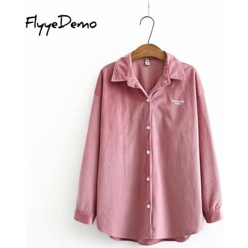 New Women Solid Corduroy Full Sleeve Vintage Blouse Turn-Down Collar Loose Top Button Up Autumn Shirt Feminina Blusa Plus Size
