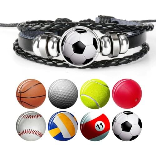Football Charm Leather Bracelet Men Fashion Black Weave Leather Bracelet Basketball Football Baseball Jewelry Men Gifts