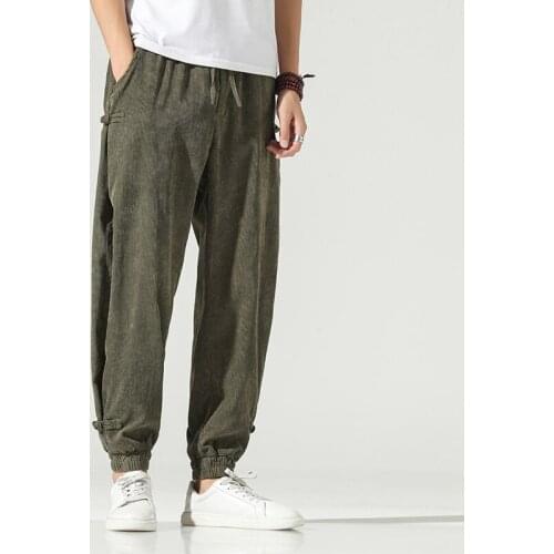 Mens Pants Chinese Style Autumn Winter Pants Corduroy Coil Buckle Harlan Pants Leggings Loose Trousers Lace Up Pants Tang Suit