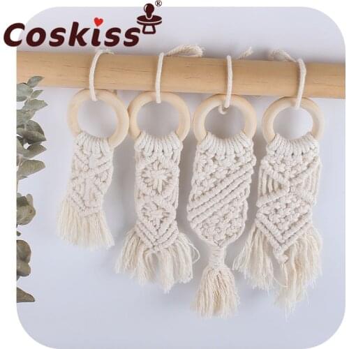 Coskiss Baby Beech Wood Toy Teether New Hand-Woven Cotton Rope Molar Stick Shape Pacifier Wooden Teether Newborn Feeding Gifts